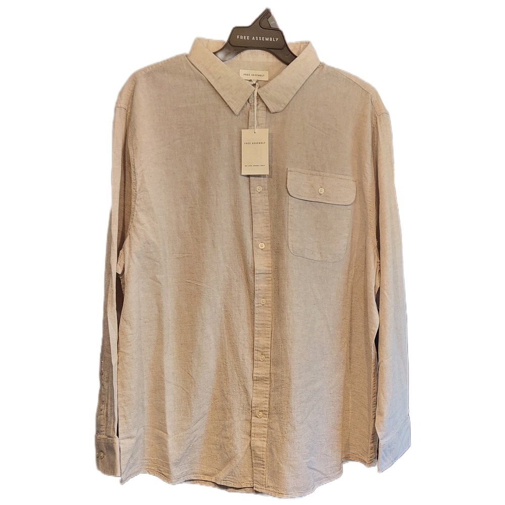 Free Assembly Mens LS Linen Blend Shirt Natural Beige 3XL  NWT